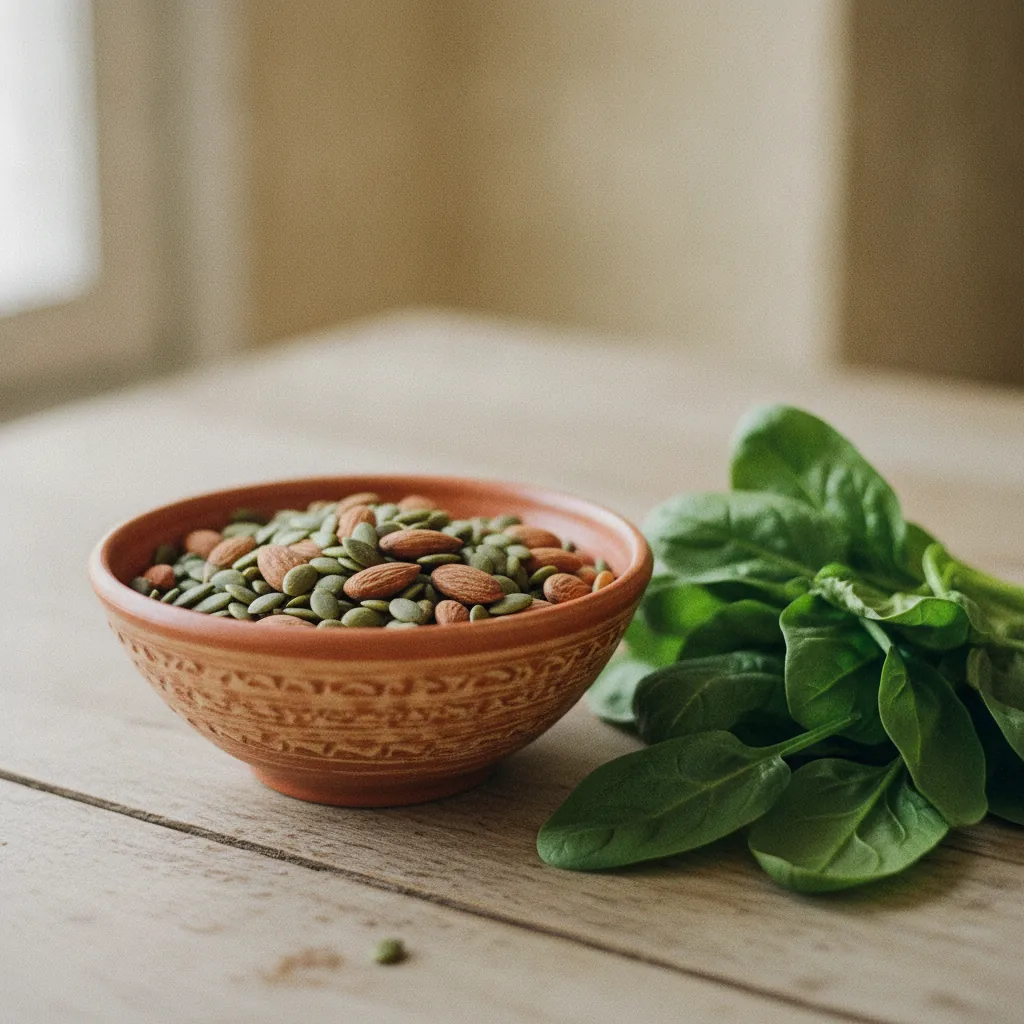 Mandlar, pumpakärnor och spenat i keramikskålar på ett träbord - magnesium och B-vitaminkällor