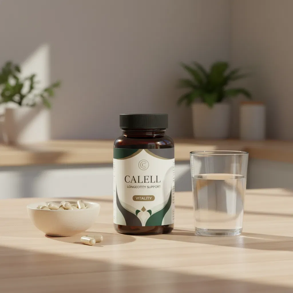 Calell Longevity Support flaska på ett ljust köksbord bredvid ett glas vatten och frukt