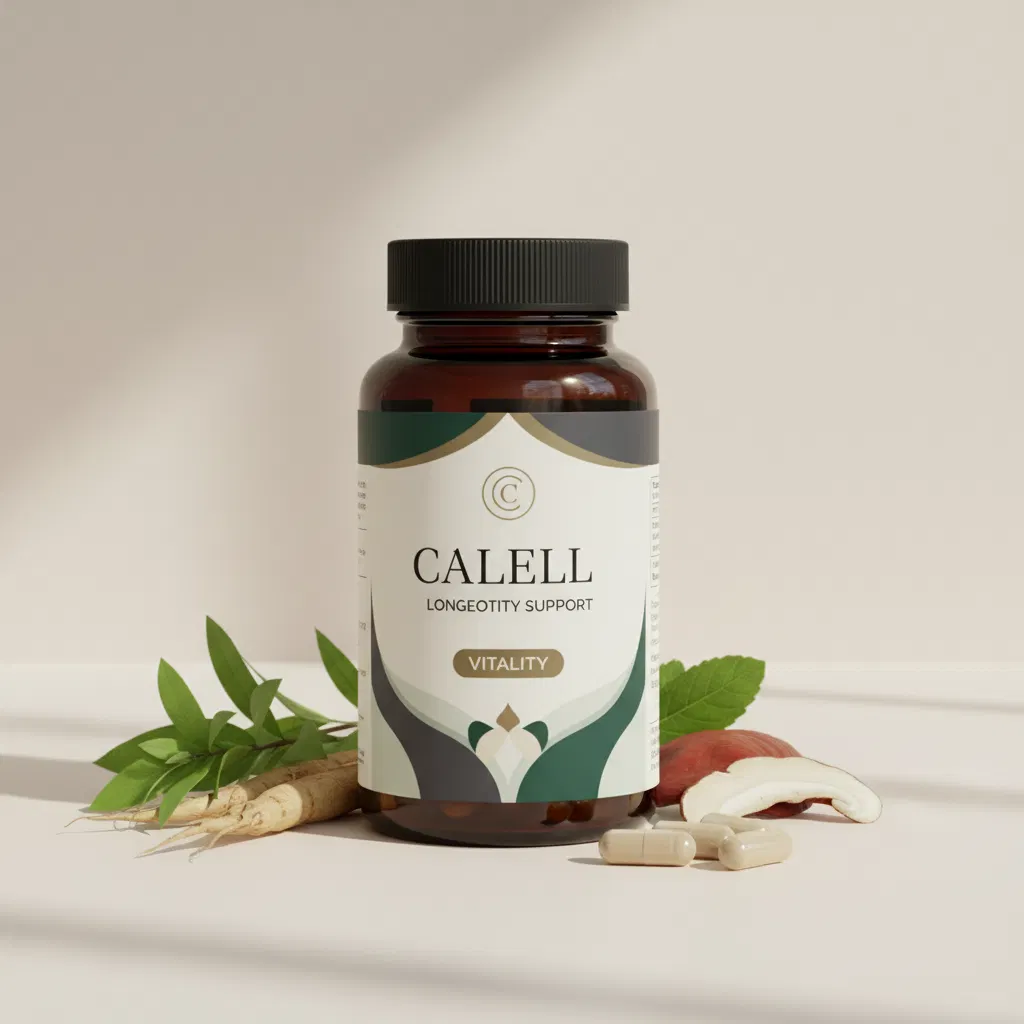 Calell Longevity Support vit plastflaska, 90 kapslar, mot ljus bakgrund